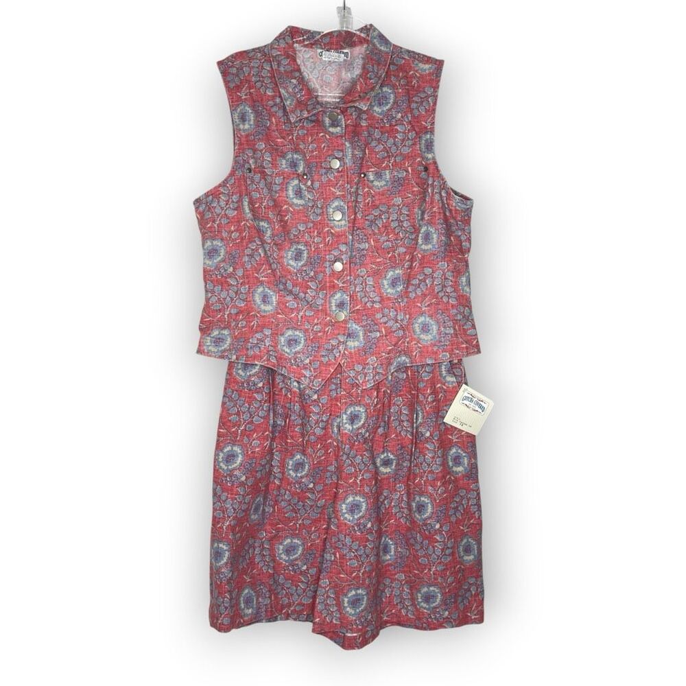 Vintage Gotcha Covered EZ Walk Shorts Vest Top Set Cotton Red Floral Women Large